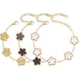 Four Leaf Clover Bracelet Set for Women - 3Pcs 18K Gold Plated Flower Lucky 4 Le